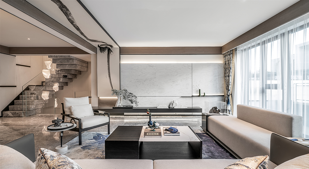 新中式風(fēng)格室內(nèi)家裝案例效果圖-客廳樓梯 新中式風(fēng)格室內(nèi)家裝案例效果圖-客廳樓梯