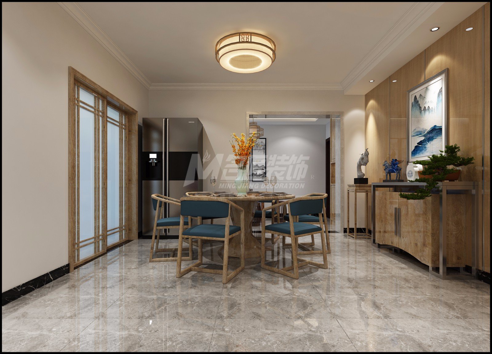 嘉興市鴻翔海棠灣新中式風格三居室裝修案例