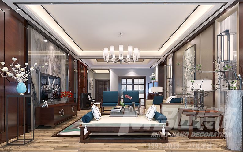 佛山市恒大·酈湖城新中式風格三居室裝修案例