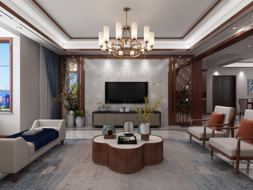 裝修案例新中式風格別墅裝修效果圖-電視背景墻 裝修案例新中式風格別墅裝修效果圖-電視背景墻