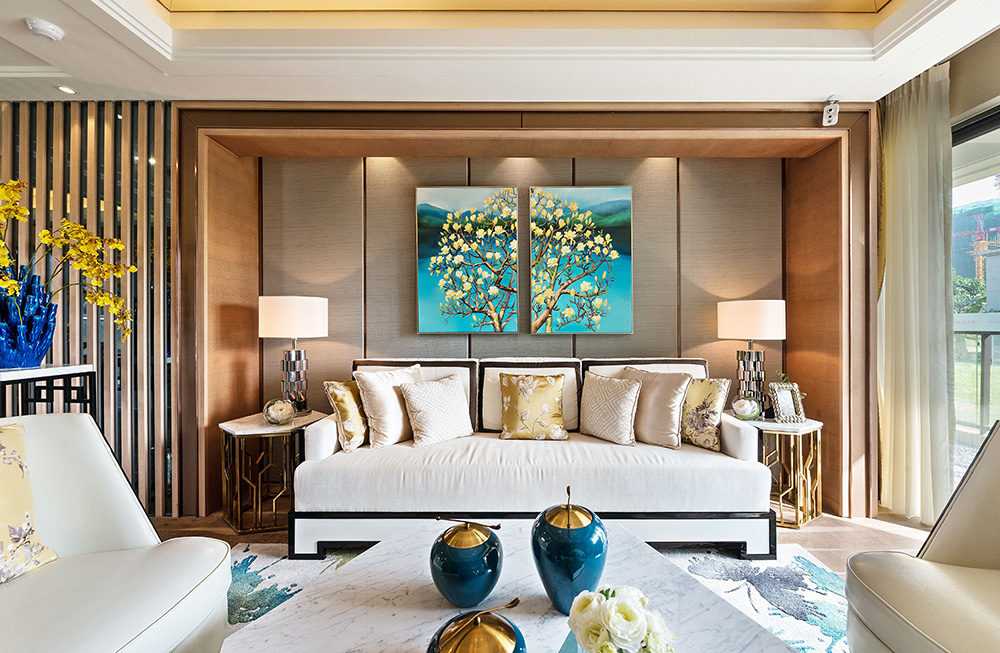 新中式風格室內裝修設計效果圖-恒大西江天悅平層195平米-室內裝修設計客廳背景墻 新中式風格室內裝修設計效果圖-恒大西江天悅平層195平米-室內裝修設計客廳背景墻