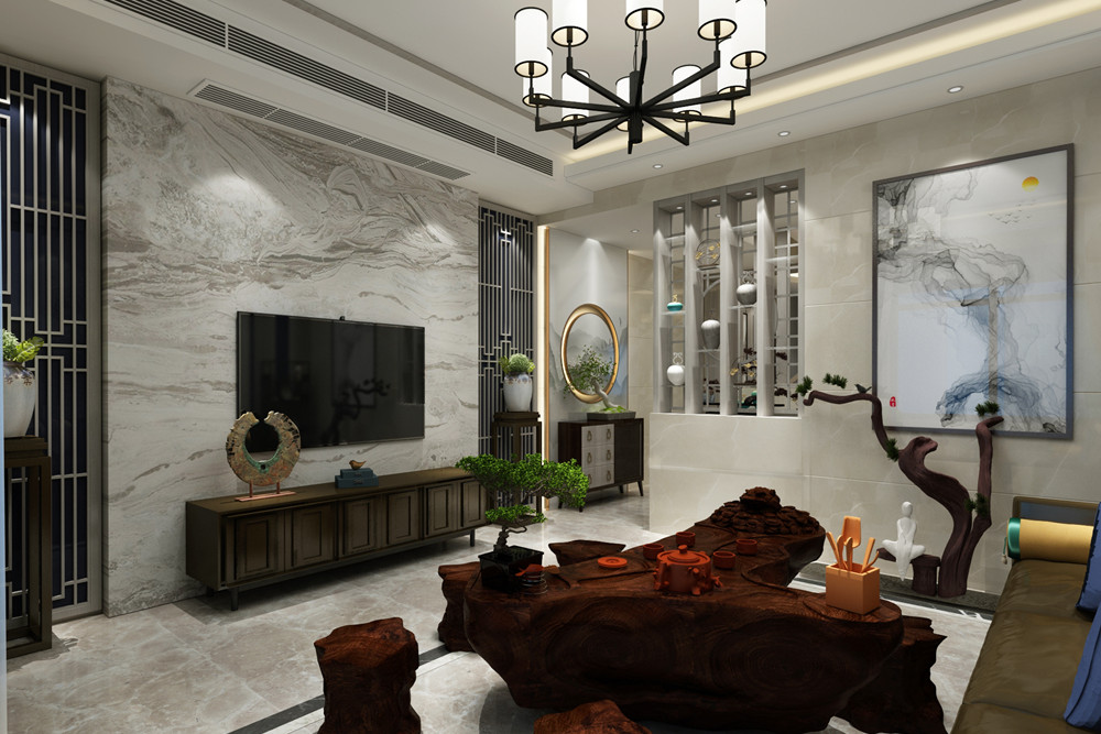 梧州市富安花苑新中式風(fēng)格三居室裝修案例