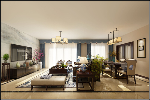 佛山市保利中央公園新中式風格三居室裝修案例